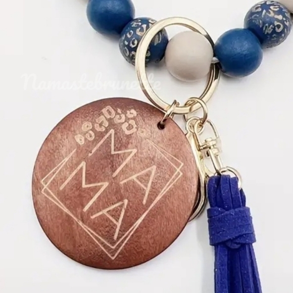 Wooden Beaded Mama Keychain Bag Charm With Blue Tassel - Picture 6 of 12